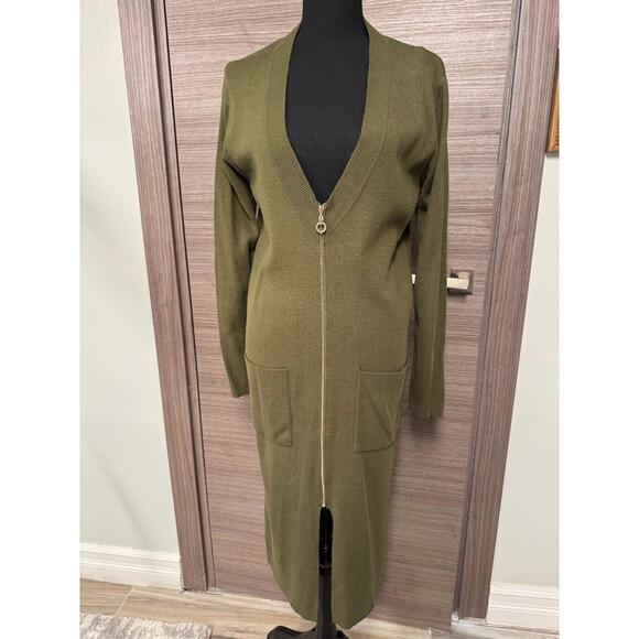 Forever 21 Olive Green Long Zip Up Cardigan Sweater Dress Sm - Picture 1 of 8